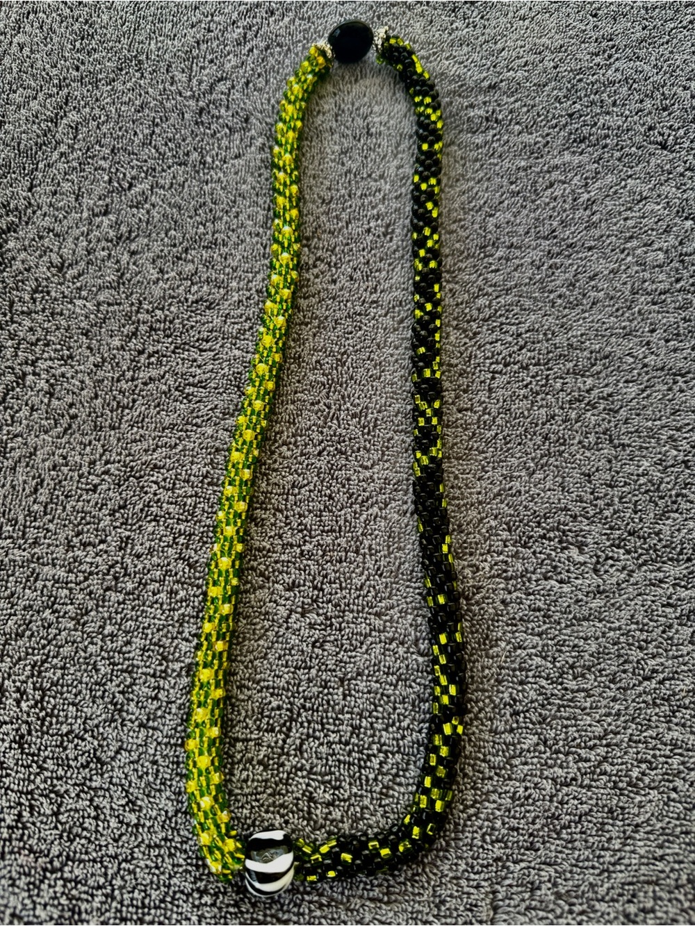 Handmade crocheted Beaded Necklace in Green and Black